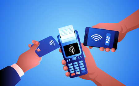 Men using NFC technology from mobile phone and card to make a payment. Represents the convenience...