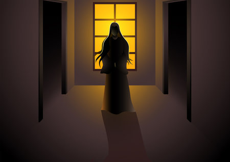 Illustration of a female ghost standing in front of a window in a haunted house. This chilling and atmospheric image is perfect for Halloween-themed content, ghost stories, and horror illustrationsのイラスト素材