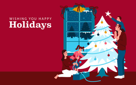 Cartoon illustration of a happy family joyfully decorating a Christmas tree against a cheerful red background, radiates holiday joy and togetherness, perfect addition to your Christmas-themed projectsのイラスト素材