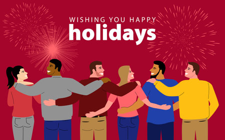 Cartoon illustration depicting a diverse group of people joyously embracing each other while enjoying a fireworks display, conveying the warmth of holidays and the excitement of the New Yearのイラスト素材