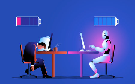 A battery meter depicts the contrast in energy levels between a tired businessman and an active robot. Shows the contrast between human tiredness and a robot's constant efficiencyのイラスト素材