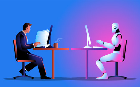Symbolizes the convergence of human and artificial intelligence in the workplace. It's perfect for conveying themes of automation, collaboration, and the evolving role of AI in business operationsのイラスト素材