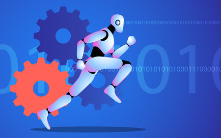 Robot in motion, set against a backdrop of spinning cogwheels and binary code, represents the rapid pace of AI learning and its quest to attain human insightsのイラスト素材