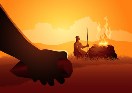 Biblicall vector illustration series. This powerful collection depicts the poignant moment of Cain holding a sharp rock, consumed by jealousy and contemplating the fateful act of ending Abel's lifeのイラスト素材