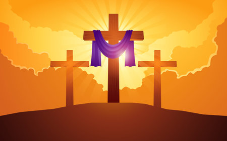 Biblical vector illustration series, wooden cross with purple sash on the hill with dramatic clouds background, for good friday, resurrection, easter, ash wednesday, christianity themeのイラスト素材