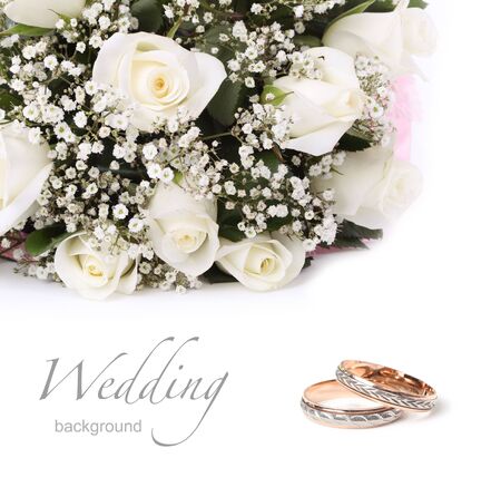 wedding rings and roses bouquetの写真素材