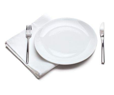 White empty plate with fork and knifeの写真素材