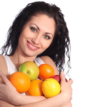 happy woman with fruits の写真素材