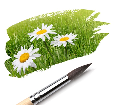 brush and summer flower paintの写真素材