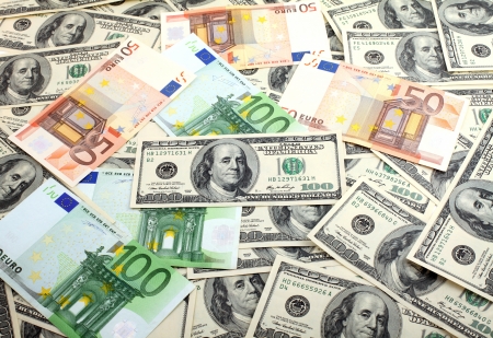 dollars and  euro banknotes backgroundの写真素材