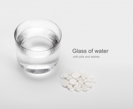 tablets and pills and glass of waterの写真素材