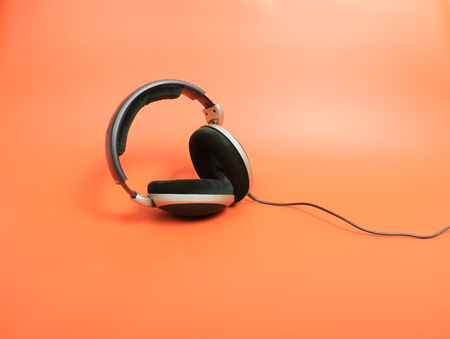 headphones on red backgroundの写真素材