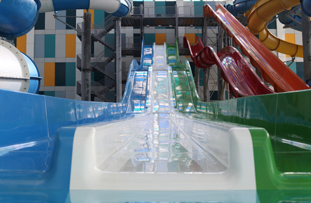 Water park. Blue pool slide swimming. Aquapark.の写真素材