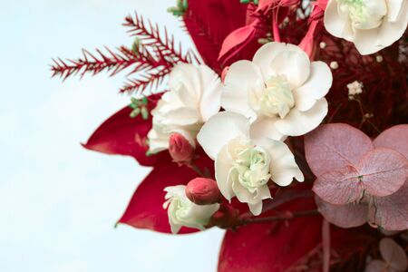 Flower bouquet background. Carnations and Anemones with red leaf.の写真素材
