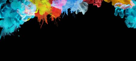 Acrylic colors in water. Ink blot. Abstract  horizontal frame black background. の写真素材