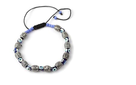 Stone, metal, glass Bead bracelet on white background.の写真素材
