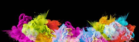 Acrylic colors in water. Ink blot. Abstract smoke black background. Horizontal long poster, greeting cards, web site, banner, invitation.の写真素材