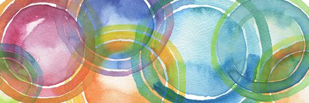 Circle watercolor painted background. Texture paper. Isolated. Horizontal long poster, greeting cards, web site, banner, invitation.の写真素材