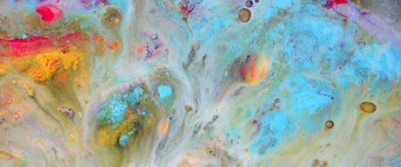 Colorful blots. Abstract background. Marble texture. Acrylic colors. Horizontal long banner.の写真素材