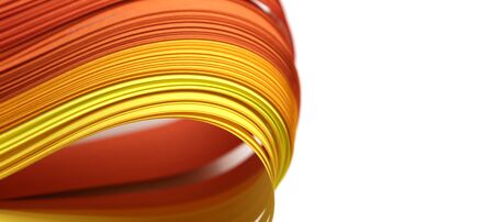 Abstract red and yellow gradient color wave curl strip paper background. Soft focus.の写真素材