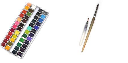 White box with watercolors and brush on white background.
Flat lay. Top view..の写真素材