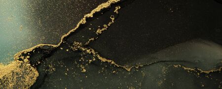 Abstract black and gold color horizontal background. Marble texture. Alcohol ink colors. の写真素材