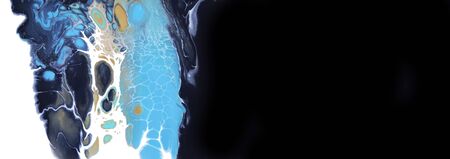 Marble texture. Acrylic blue colors blots. Abstract black background. Horizontal long poster, greeting cards, web site, banner, invitation.の写真素材