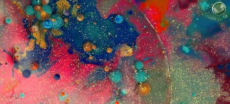 Blot painting marble texture. Abstract horizontal background. Acrylic color in water and oil.の写真素材