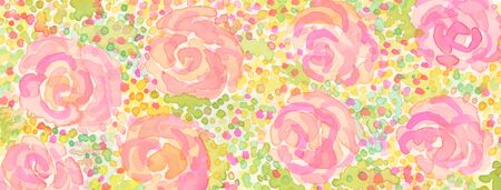 Abstract watercolor flower dot blot painting. Color long horizontal texture background.の写真素材