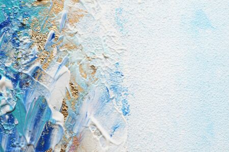 Abstract acrylic and watercolor smear blot painting. Blue and white Color horizontal texture background.の写真素材