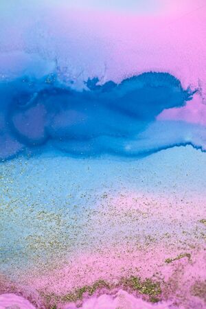 Soft focus Abstract painting vertical background. Blue and pink colors with gold glitter. Marble texture.の写真素材
