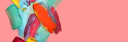 Abstract acrylic and watercolor smear blot painting. Color texture horizontal background.の写真素材