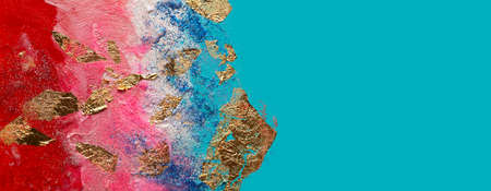 Abstract acrylic  smear blot painting with gold glitter. Color horizontal texture background.の写真素材