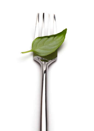 Fork with green leaf on white. Vegan concept.の写真素材