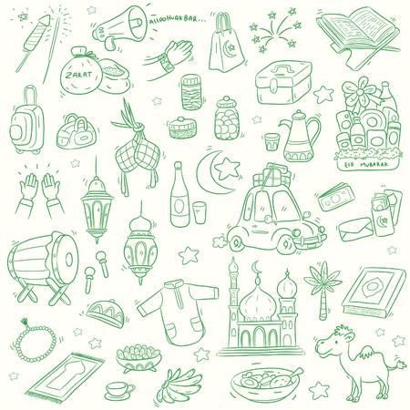 Eid mubarak design element, doodle style , Vector illustration celebration in idul fitriのイラスト素材