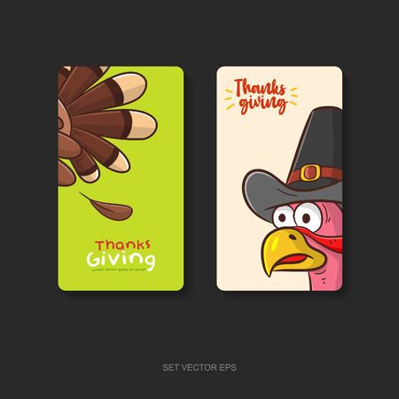 two side poster or card design thanks giving day with turkey cartoon vectorのイラスト素材