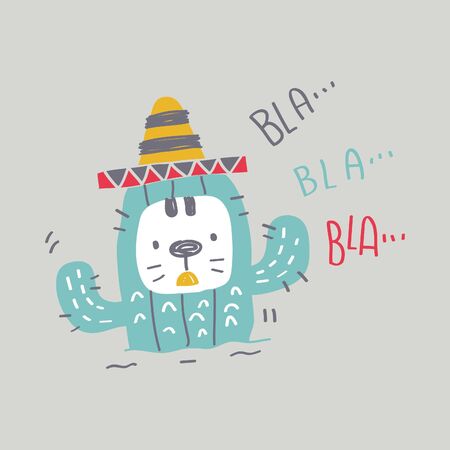 doodle cute cat and cactus cartoon illustration, set vectorのイラスト素材