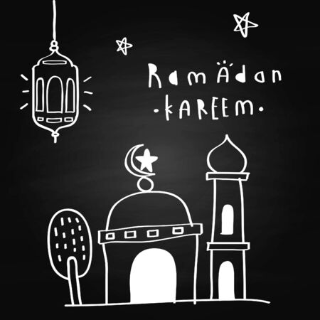 illustration of ramadan kareem or eid mubarak, mosque hand drawing, greeting card wishes holy month mubarak and kareem for muslim, chalk board backgroundのイラスト素材
