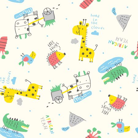 african animal cartoon vector, cow, giraffe, crocodile, hedgehog cute illustrationのイラスト素材