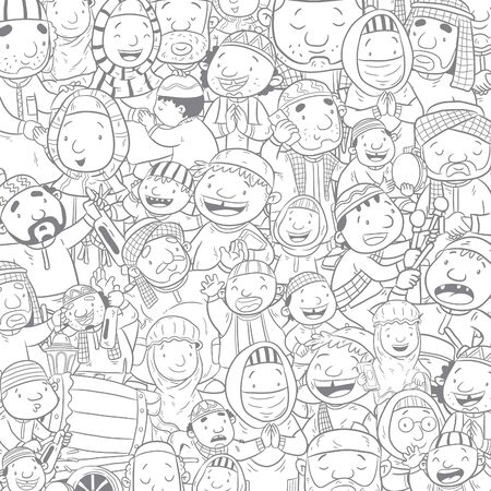 cute Muslim people background vector, doodle patternのイラスト素材