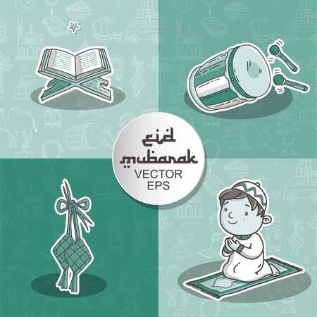 mubarak greeting card, set vector element big day of moslem, background vectorのイラスト素材
