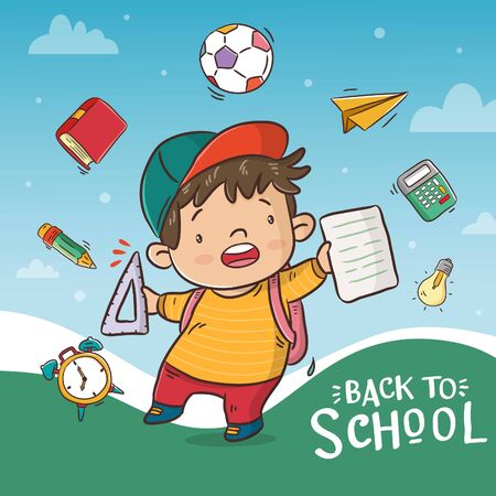 welcome back to school poster with cute boy cartoonのイラスト素材