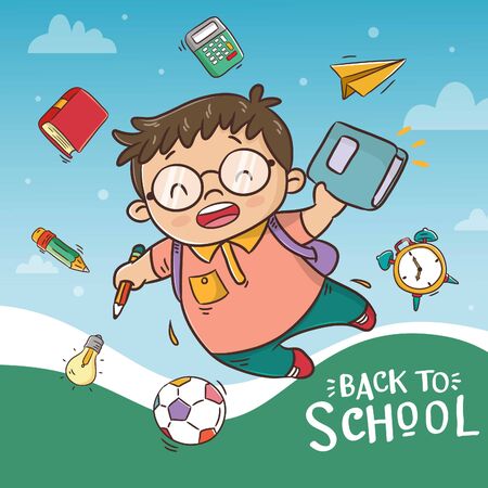 welcome back to school poster with cute boy cartoonのイラスト素材