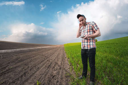 A male agronomist examines wheat crops in an agricultural field. A farmer in a wheat field makes...