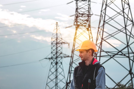 Worker in a helmet against the background of a substation and high-voltage poles