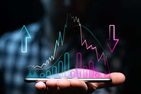 Uptrend and downtrend with high volatility, moving averages and volumes on the phone in the...