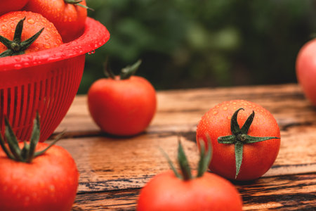 Fresh juicy tomatoes covered with water drops on a wooden tableの写真素材