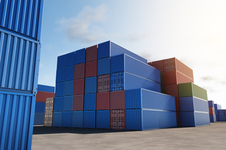 Warehouse of stacked cargo standard containers for temporary storage, loading, unloading and sorting...