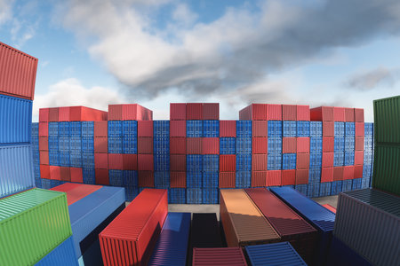 The inscription Cargo from red and blue cargo containers against the background of a cloudy sky.の写真素材