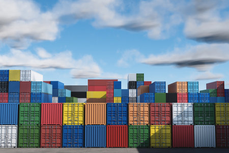 Lots of long cargo containers stacked at the terminal/port for import export business. Logistics,...